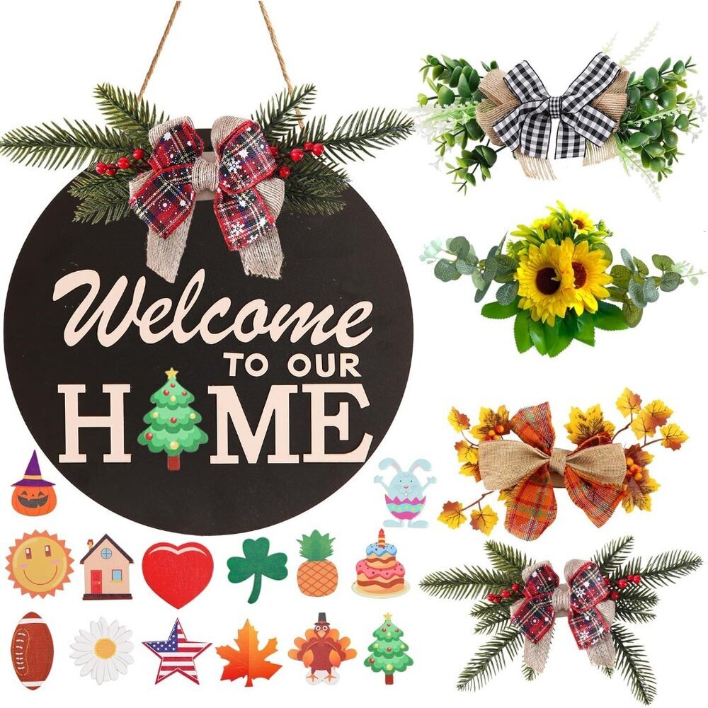 Interchangeable Welcome Sign for Front Door Decoration with 4 Seasonal Wreaths a